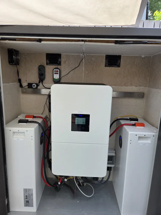 Deye inverter in an outdoor cabinet, with a battery module on each side.